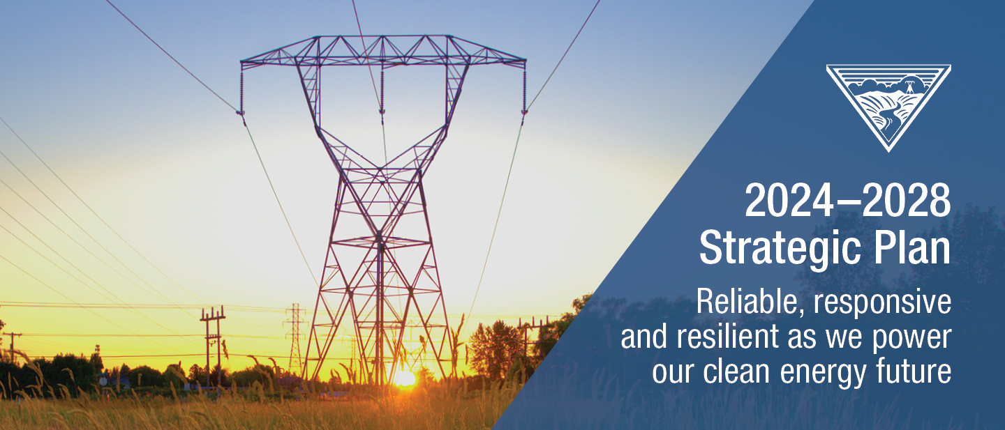 transmission line and sunset on left with the words "strategic plan, reliant, responsible and resilient as we plan our clean energy future" on the right. 