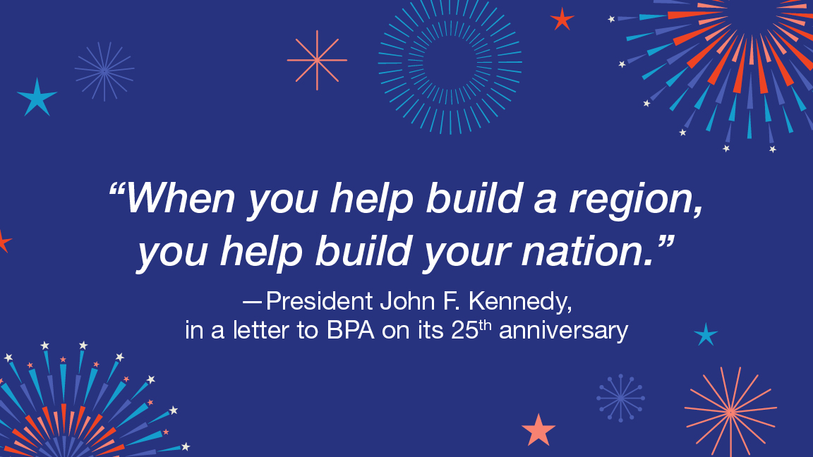 dark blue background with illustrated fireworks with a quote from President John F. Kennedy, from a letter to BPA on its 25th anniversary, "When you help build a region, you help build your nation."