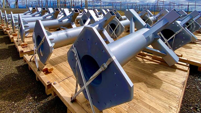 New pedestals to support current transformers lie neatly before the 500-kilovolt switchyard at Grand Coulee substation. The Bureau of Reclamation and the Bonneville Power Administration coordinated the completion of the installation in December 2020 for the Metering Review and Update project, one of the four cross-agency grid modernization projects.