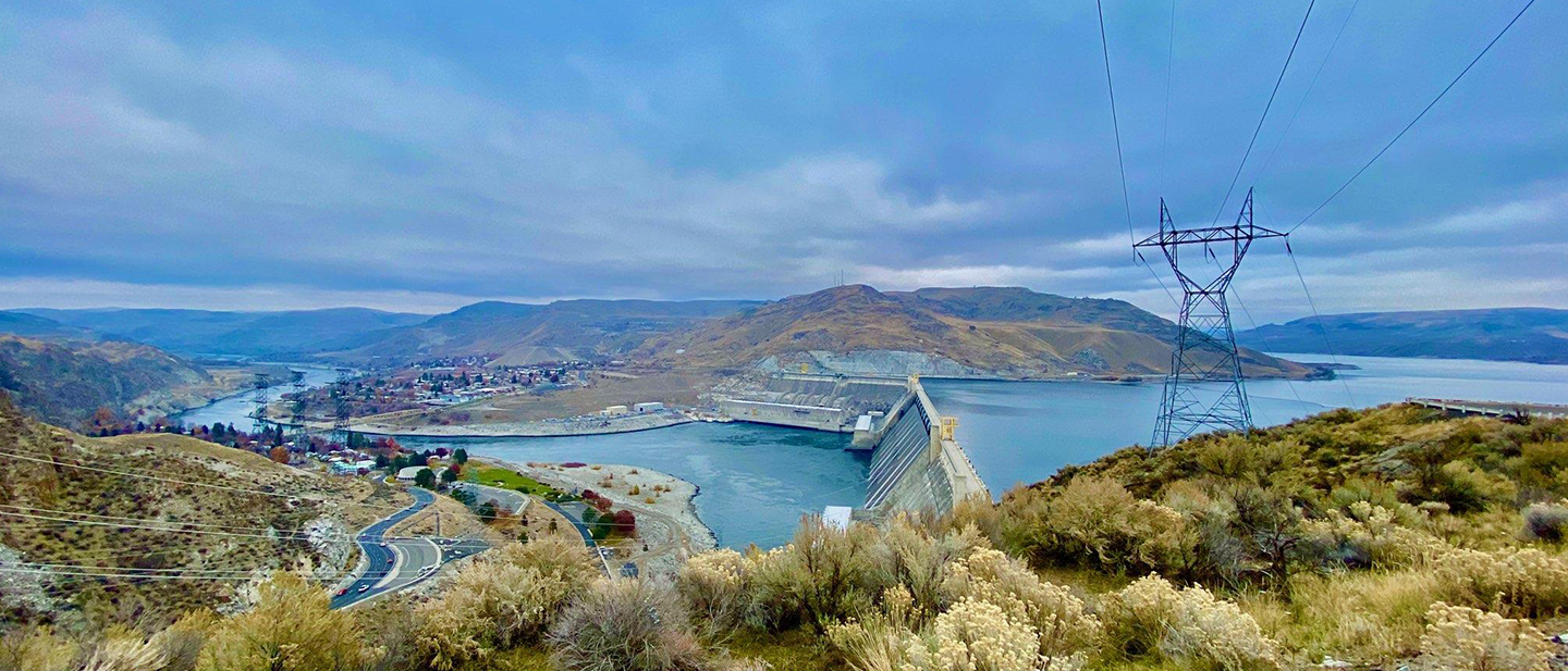 grand coulee dam with transmission towers