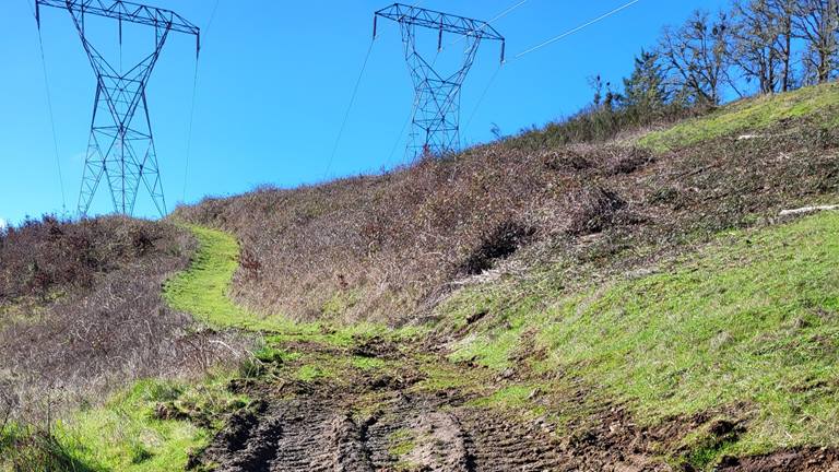 muddy hill with rutted roadway with some short green grass in the foreground and transmission towers in the background